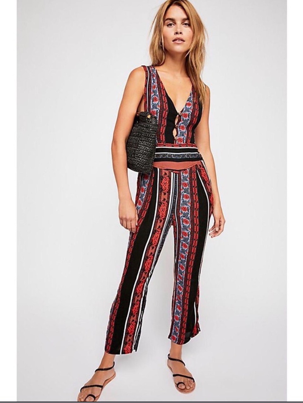 Free People Striped Floral Wide-Leg Jumpsuit in Black and Red